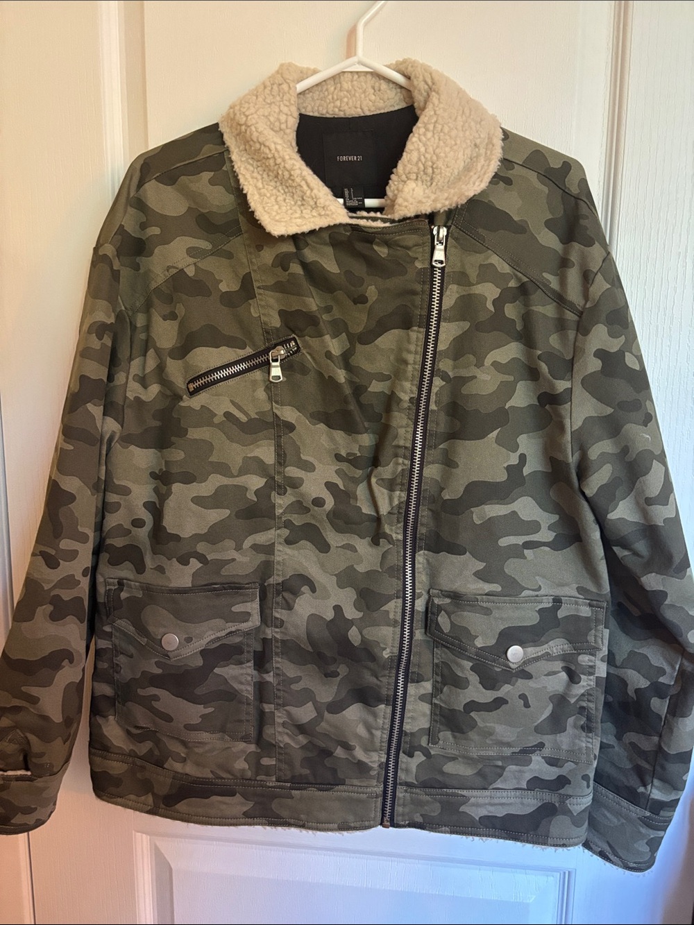 Forever 21 Green Camo Utility Jacket with Cream Sherpa Collar